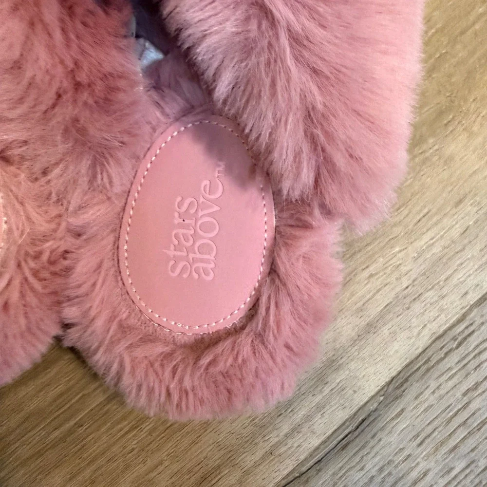 Stars Above Slippers Kids S 5/6 Pink Faux Fur Crisscross Open Toe Slide Shoes